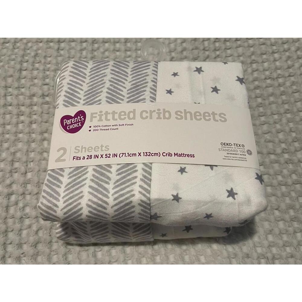 Crib Sheet 2-Pack – White & Grey Stars + Chevron (NWT, Gender Neutral)